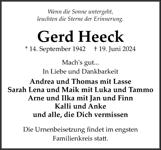 Traueranzeige von Gerd Heeck von Husumer Nachrichten, Nordfriesland Tageblatt