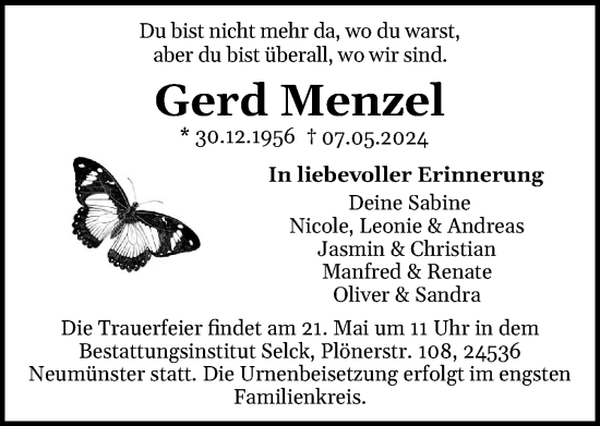 Traueranzeige von Gerd Menzel von Holsteinischer Courier