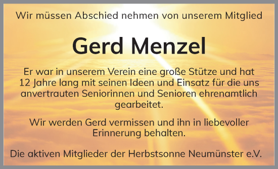 Traueranzeige von Gerd Menzel von Holsteinischer Courier