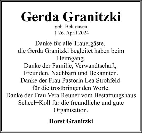 Traueranzeige von Gerda Granitzki von Eckernförder Zeitung, Hallo Eckernförde