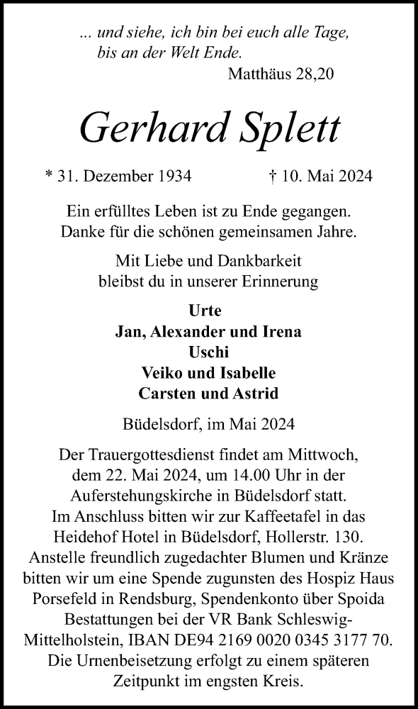  Traueranzeige für Gerhard Splett vom 18.05.2024 aus Schleswig-Holsteinische Landeszeitung