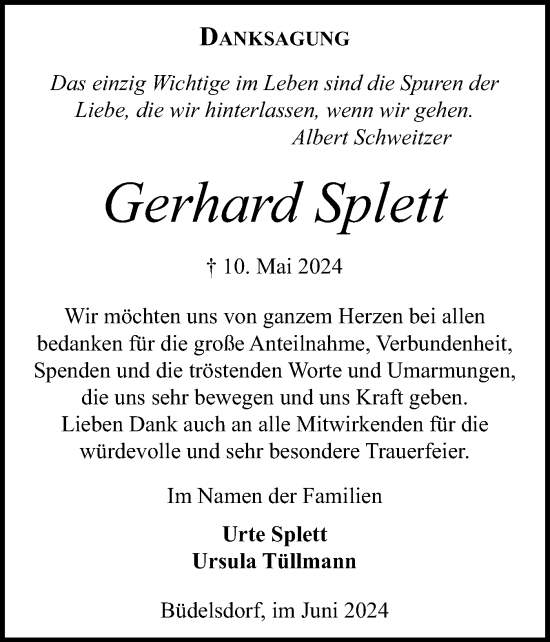 Traueranzeige von Gerhard Splett von Schleswig-Holsteinische Landeszeitung