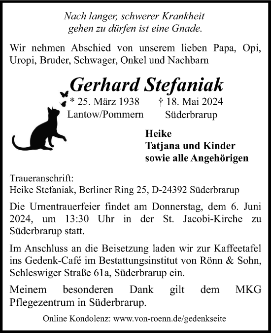 Traueranzeige von Gerhard Stefaniak von Schleswiger Nachrichten, Schlei-Bote