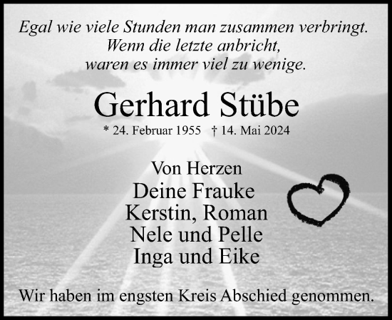 Traueranzeige von Gerhard Stübe von Elmshorner Nachrichten, Barmstedter Zeitung