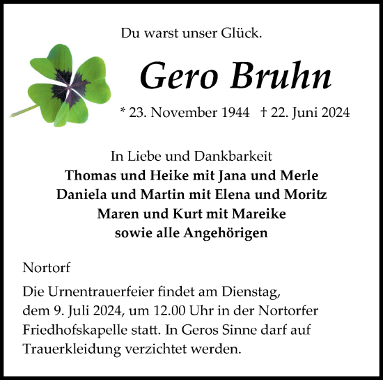 Traueranzeige von Gero Bruhn von Schleswig-Holsteinische Landeszeitung