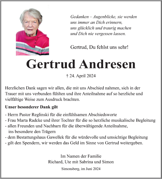 Traueranzeige von Gertrud Andresen von Husumer Nachrichten, Nordfriesland Tageblatt