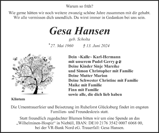 Traueranzeige von Gesa Hansen von Husumer Nachrichten, Nordfriesland Tageblatt