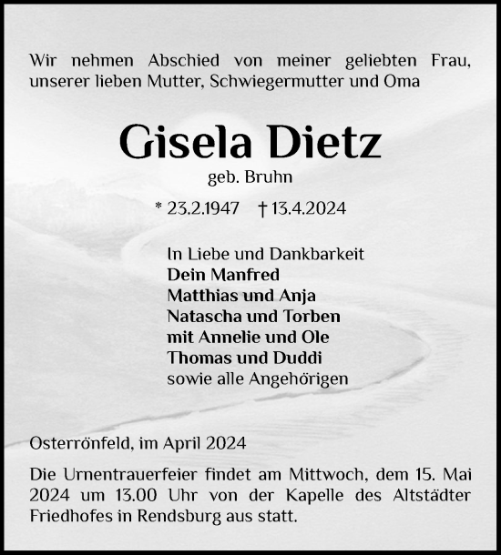 Traueranzeige von Gisela Dietz von Schleswig-Holsteinische Landeszeitung