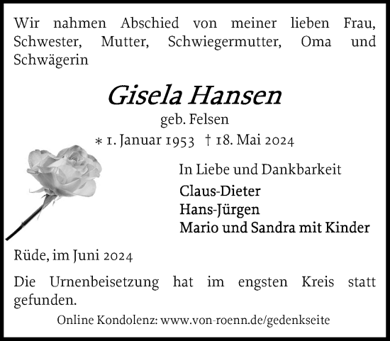 Traueranzeige von Gisela Hansen von Flensburger Tageblatt, Schleswiger Nachrichten, Schlei-Bote