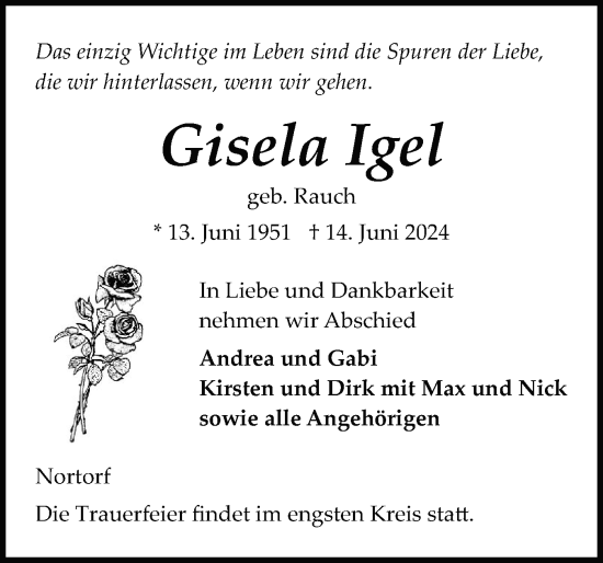 Traueranzeige von Gisela Igel von Schleswig-Holsteinische Landeszeitung