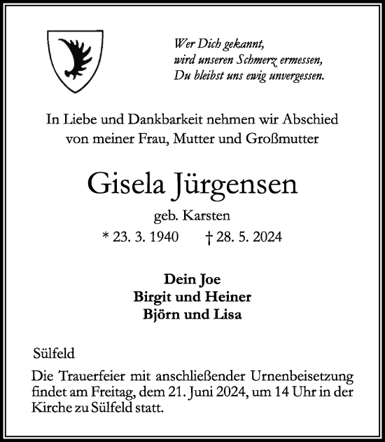 Traueranzeige von Gisela Jürgensen von Stormaner Tageblatt