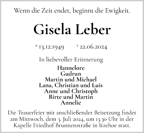 Traueranzeige von Gisela Leber von Norddeutsche Rundschau, Wilstersche Zeitung, Glückstädter Fortuna
