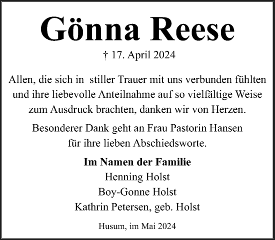 Traueranzeige von Gönna Reese von Husumer Nachrichten, Nordfriesland Tageblatt