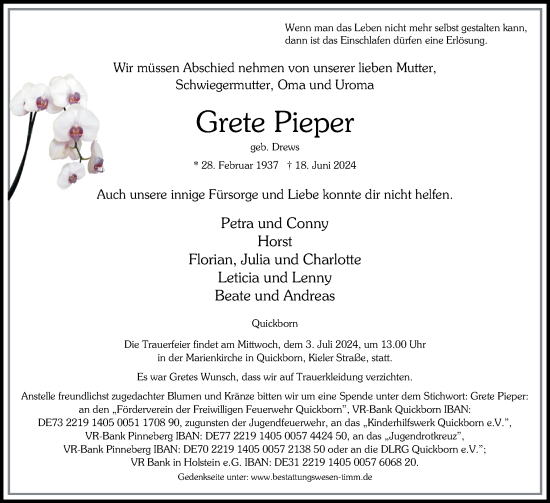 Traueranzeige von Grete Pieper von Region Pinneberg und tip Pinneberg