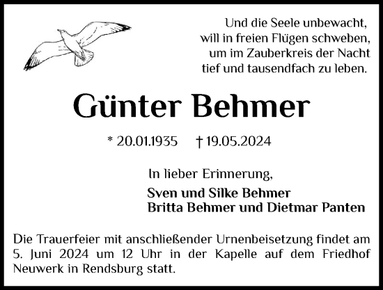 Traueranzeige von Günter Behmer von Schleswig-Holsteinische Landeszeitung
