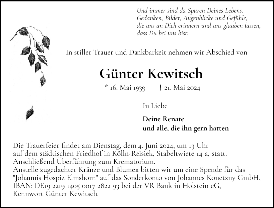 Traueranzeige von Günter Kewitsch von Elmshorner Nachrichten, Barmstedter Zeitung