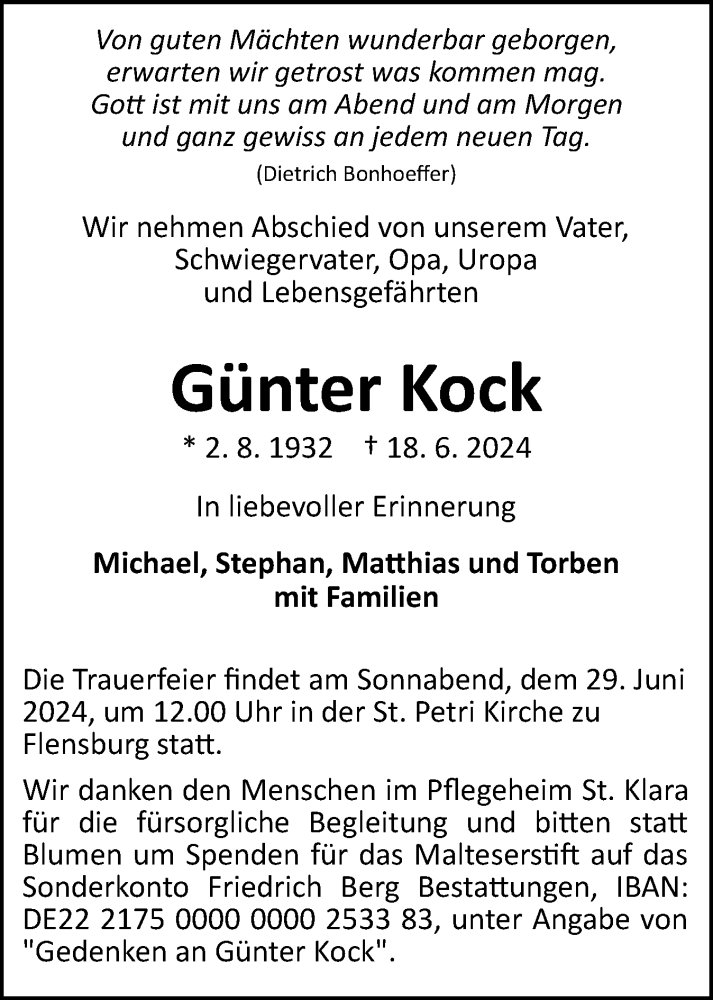  Traueranzeige für Günter Kock vom 22.06.2024 aus Flensburger Tageblatt