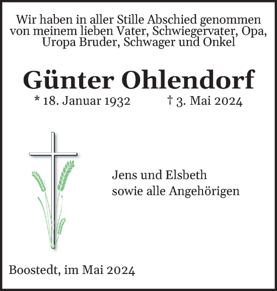 Traueranzeige von Günter Ohlendorf von Holsteinischer Courier