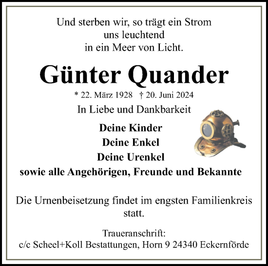Traueranzeige von Günter Quander von Eckernförder Zeitung, Hallo Eckernförde