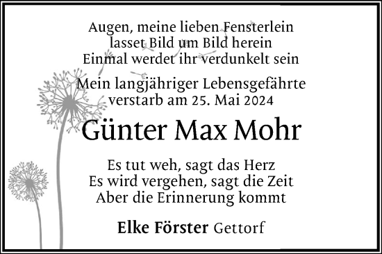 Traueranzeige von Günter Max Mohr von Eckernförder Zeitung, Hallo Eckernförde