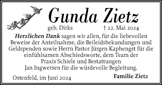 Traueranzeige von Gunda Zietz von Husumer Nachrichten, Nordfriesland Tageblatt