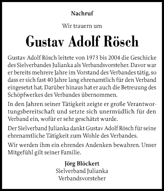 Traueranzeige von Gustav Adolf Rösch von Norddeutsche Rundschau, Wilstersche Zeitung, Glückstädter Fortuna