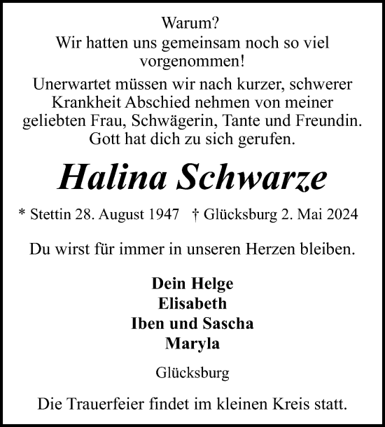Traueranzeige von Halina Schwarze von Flensburger Tageblatt