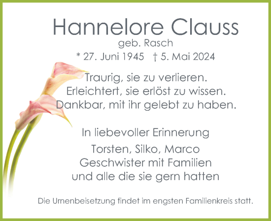 Traueranzeige von Hannelore Clauss von Region Pinneberg und tip Pinneberg