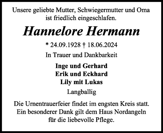 Traueranzeige von Hannelore Hermann von Flensburger Tageblatt