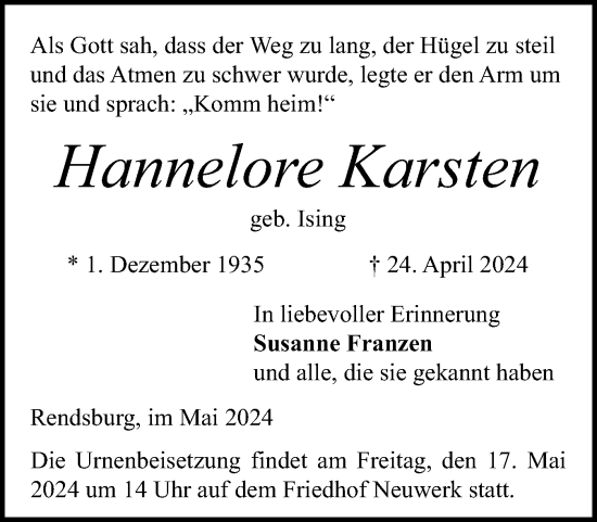 Traueranzeige von Hannelore Karsten von Ostholsteiner Anzeiger