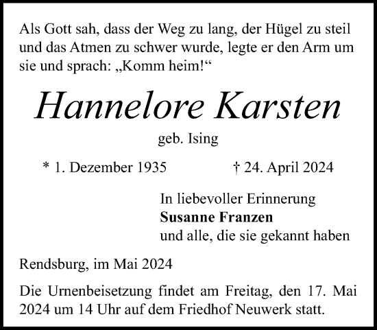 Traueranzeige von Hannelore Karsten von Schleswig-Holsteinische Landeszeitung