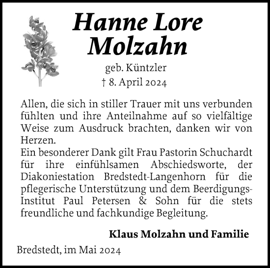 Traueranzeige von Hanne Lore Molzahn von Husumer Nachrichten, Nordfriesland Tageblatt