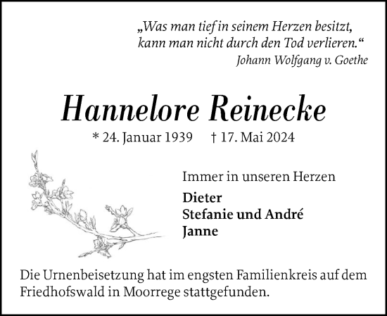 Traueranzeige von Hannelore Reinecke von Uetersener Nachrichten, Der tip am Wochenende