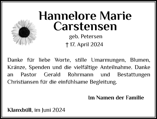 Traueranzeige von Hannelore Marie Carstensen von Husumer Nachrichten, Nordfriesland Tageblatt