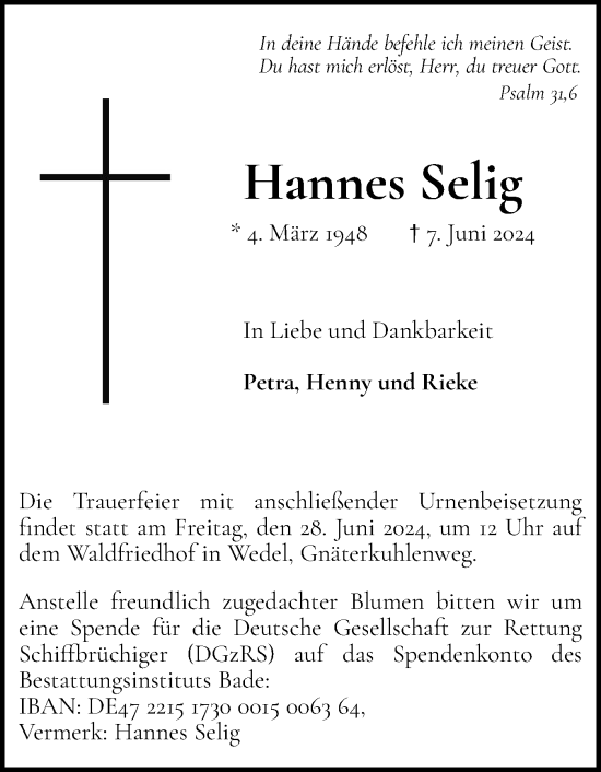 Traueranzeige von Hannes Selig von Wedel-Schulauer Tageblatt, tip Wedel-Schulauer Tageblatt, tip Rissener Rundschau