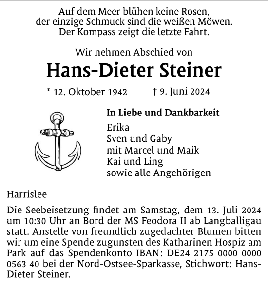 Traueranzeige von Hans-Dieter Steiner von Flensburger Tageblatt