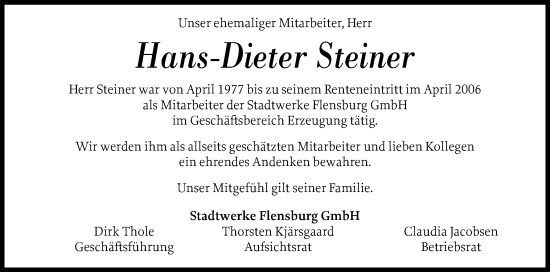 Traueranzeige von Hans-Dieter Steiner von Flensburger Tageblatt