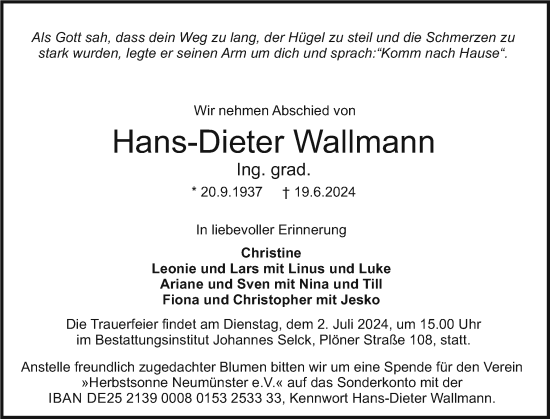 Traueranzeige von Hans-Dieter Wallmann von Holsteinischer Courier