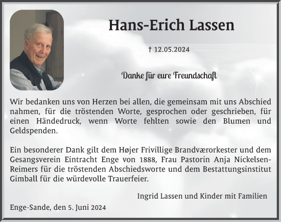 Traueranzeige von Hans-Erich Lassen von Husumer Nachrichten, Nordfriesland Tageblatt