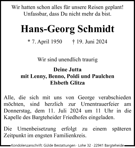 Traueranzeige von Hans-Georg Schmidt von Stormaner Tageblatt