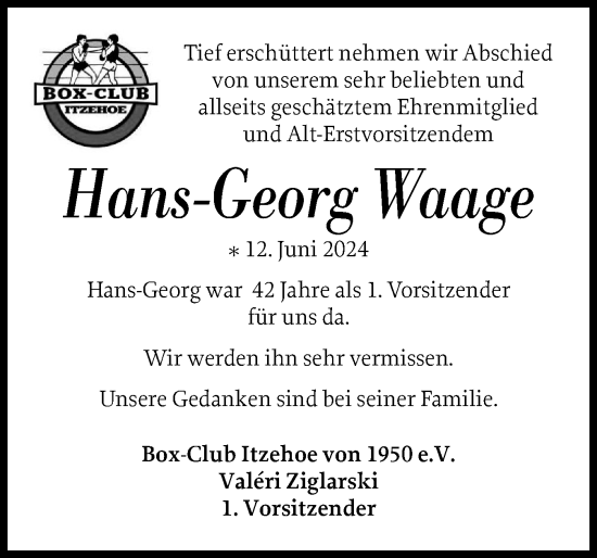 Traueranzeige von Hans-Georg Waage von Norddeutsche Rundschau, Wilstersche Zeitung, Glückstädter Fortuna