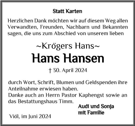 Traueranzeige von Hans Hansen von Husumer Nachrichten, Nordfriesland Tageblatt