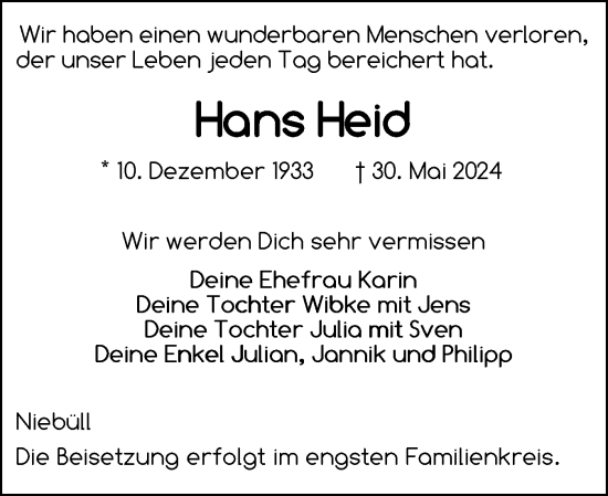 Traueranzeige von Hans Heid von Husumer Nachrichten, Nordfriesland Tageblatt