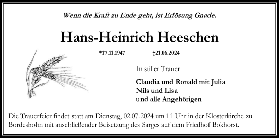Traueranzeige von Hans-Heinrich Heeschen von Holsteinischer Courier