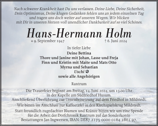 Traueranzeige von Hans-Hermann Holm von Husumer Nachrichten, Nordfriesland Tageblatt