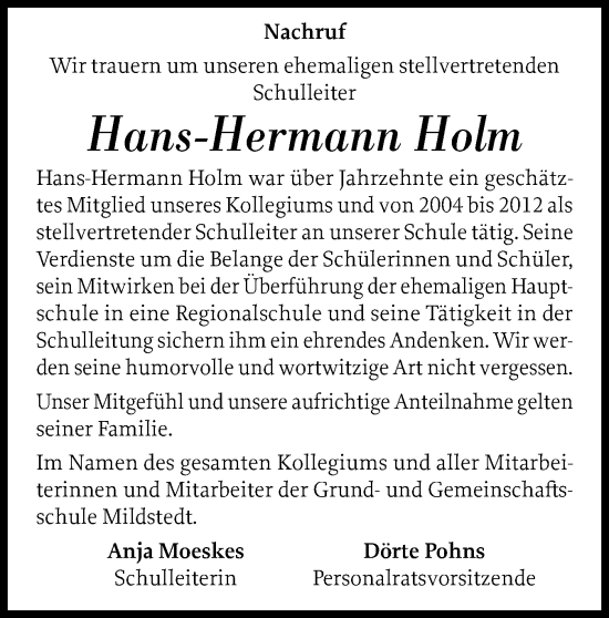 Traueranzeige von Hans-Hermann Holm von Husumer Nachrichten, Nordfriesland Tageblatt