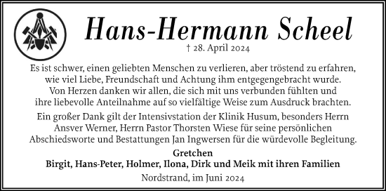 Traueranzeige von Hans-Hermann Scheel von Husumer Nachrichten, Nordfriesland Tageblatt