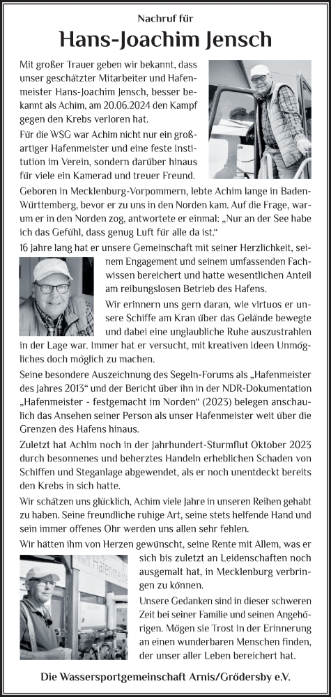 Traueranzeige von Hans-Joachim Jensch von Schleswiger Nachrichten, Schlei-Bote