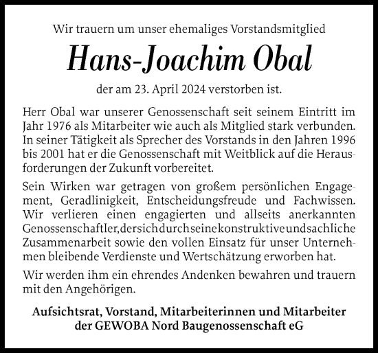 Traueranzeige von Hans-Joachim Obal von Flensburger Tageblatt