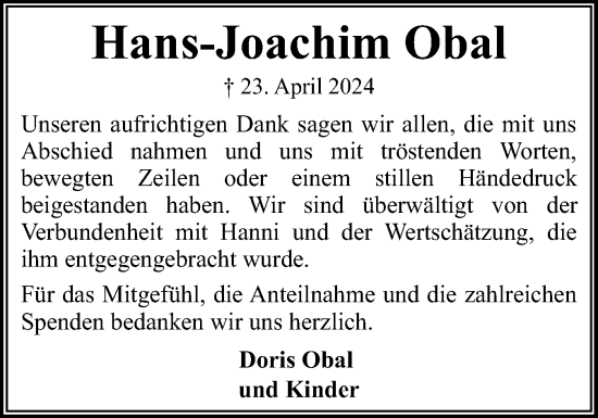 Traueranzeige von Hans-Joachim Obal von Flensburger Tageblatt